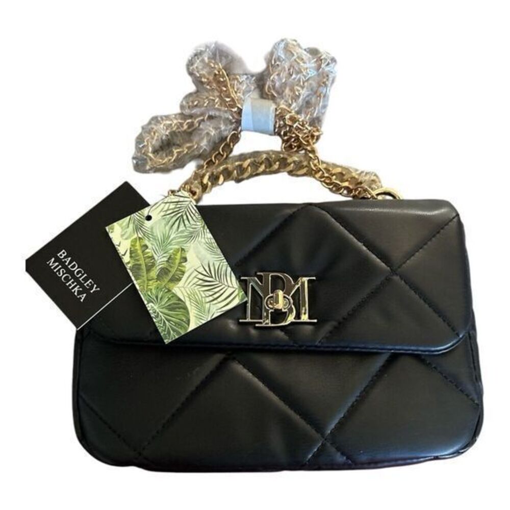 Badgley Mischka Womens Black Big‎ Chain Big Diamond Quilting Crossbody Handbag
